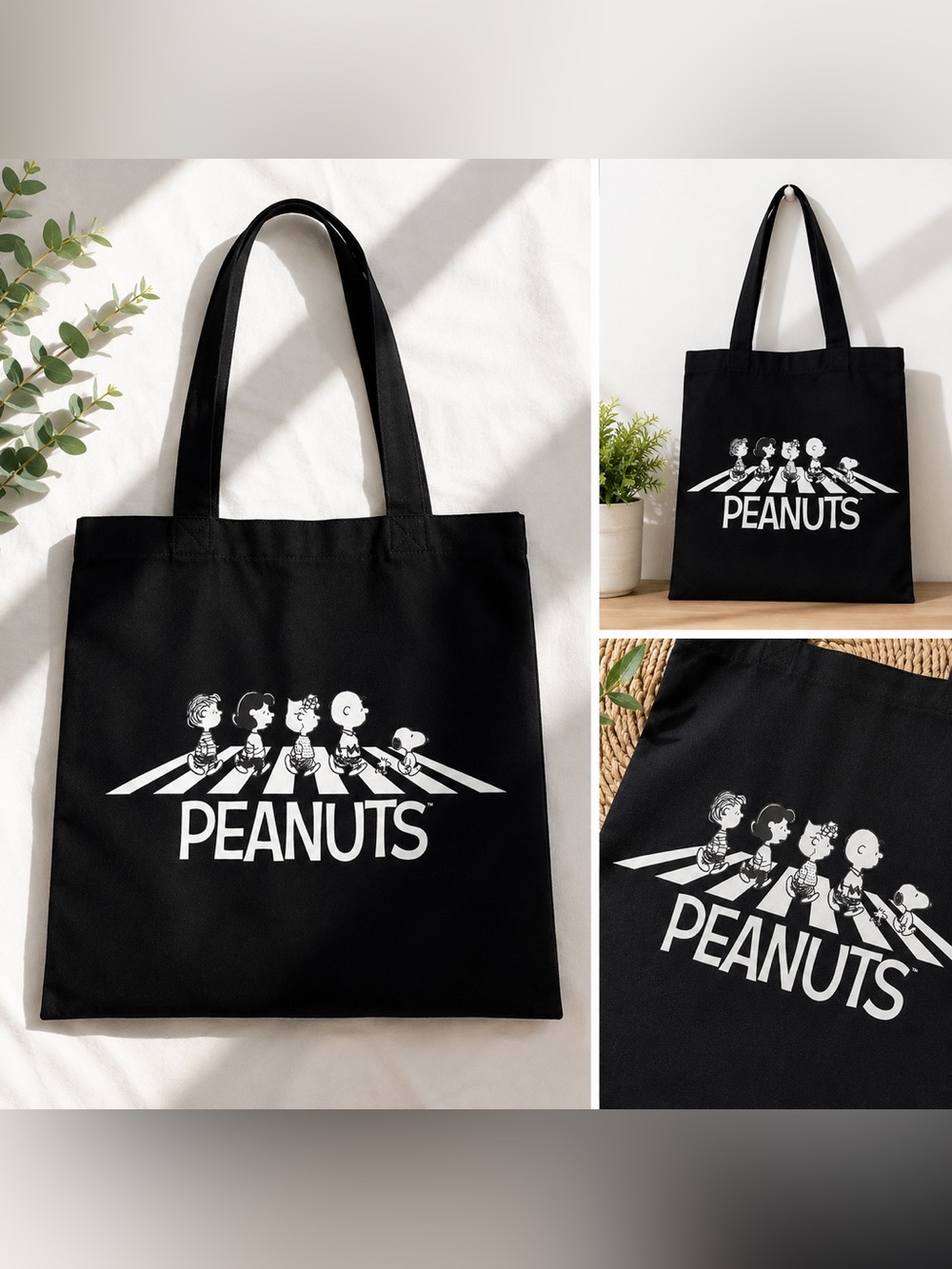 Peanuts Black and White Character Tote Bag
